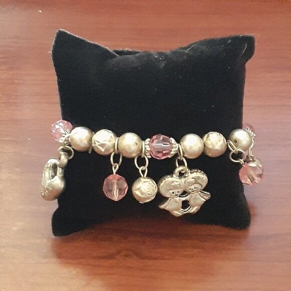 Friendship Stretch Charm Bracelet Valentine Rose and Pink Beads Silver-Tone Teen - Picture 2 of 12